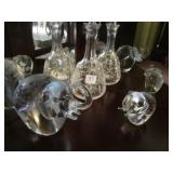 GLASS DECANTER AND TWO GLASS ELEPHANTS