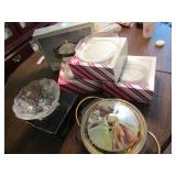 THREE BOXES OF GLASS LUNCHEON PLATES, COVERED