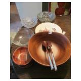 WOOD SALAD BOWL SET WITH UTENSILS, GLASS BOWLS,