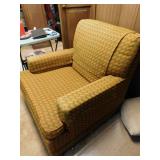 RETRO ORANGE AND GREEN CHAIR TWO OTTOMAN STOOLS,