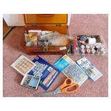 SMALL PLASTIC BOX WITH SEWING ITEMS