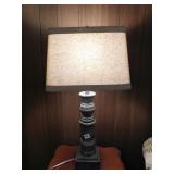 MODERN LAMP, TAN SHADE AND GRAY BASE 30" TALL