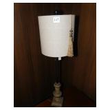 MODERN LAMP, TAN SHADE WITH GRAY AND BLACK BASE,