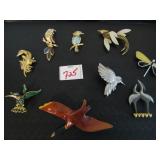 GROUP OF BIRD PIN BROOCHES DUCK, DRAGONFLY,