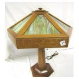 STAINED GLASS LAMP WOOD FRAME OCTAGON SHADE 23" H