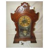 WALNUT SHELF CLOCK CARVED CASE W/ KEY AND