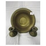 BRASS WEIGHTED CANDLE STICKS AND BOWL 12" ROUND