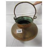 COPPER POT W/ BRASS HANDLED 7" H + HANDLE 10" H -