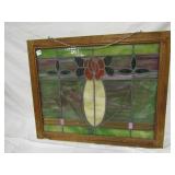 29" X 23" STAINED LEADED GLASS WINDOW IN PINE