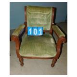 WALNUT ARMCHAIR GREEN VELVET UPHL. 34" H X 27" W