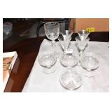 ETCHED GLASSES 4 SHERBETS, CORDIALS AND 1 WATER