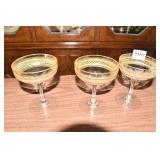 6 GOLD RIM WATER GLASSES, 3 CHAMPAGNE