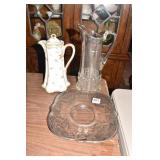SILVER OVERLAY PITCHER, COFFEE POT WITH CHIP ON