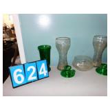 GREEN CANDLE STICKS, ETCHED VASES, ETCHED BOWL