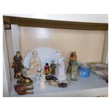 OVAL MILK GLASS TRAY, FIGURES, TIN