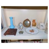 HAND PAINTED PLATE, TEAK TRIVET, CUP/SAUCER,