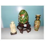 ORIENTAL MOTIF EGG, VASE, FIGURE