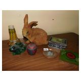 COLORED LAMP SHADE, FROG GLASS FIGURE, RED CARVED