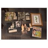 LARGE TOTE OF HOLIDAY DÉCOR, BRASS HORNS, ETC.