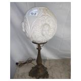 ANTIQUE BANQUET LAMP W/ LION HEAD SHADE 24" H W/
