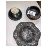 TWO POTTERY BOWLS, PLATED DISH