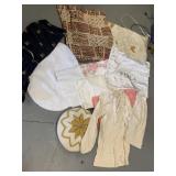 VINTAGE LONG JOHNS, SHEETS, HAND DONE MITTEN SET,