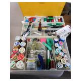 SEWING CABINET, SCISSORS, THREAD, ETC.