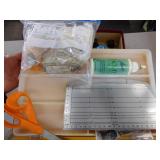 SEWING CABINET, SCISSORS, PIN CUSHION