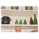 GET UP BOTTLE, GREEN BOTTLES, CAST IRON POT