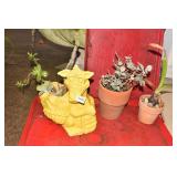 YELLOW PLANTER W/ JADE, COPPER SPOONS ETC.