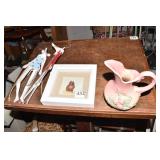 HULL VASE SM. CHIP ON SPOUT, 2 WOOD MICE, FRAMED