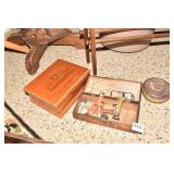 WOOD BOX CRYSTAL SYRINGE, CIGAR BOX, DICE ETC.