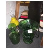GREEN VASE, DECANTER, LAMP