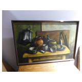 STILL LIFE ON BURLAP 28" H X 36" W, POTS ON