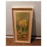 PAINTED ON BOARD W/ BURLAP SURROUND GOLD FRAME
