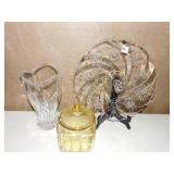 AMBER BISCUIT JAR, CRYSTAL VASE,