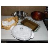 COVERED CASSEROLE, WOOD BOWL, BASKETS, ETC