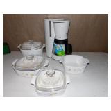 BRAUN COFFEE POT, CORNING CASSEROLE DISHES