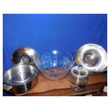 GLASS CANISTER, STRAINERS, POT, LARGE PLASTIC