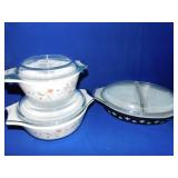2 MATCHING PYREX DISHES WITH LIDS AND FLOWER