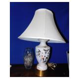 CRYSTAL VASE AND HAND PAINTED LAMP 1960