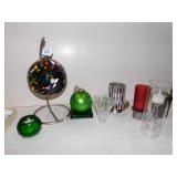 LARGE GLASS ORNAMENT W/ PEWTER PEDESTAL, GREEN