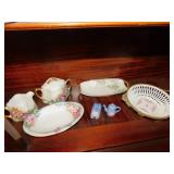 SERVING TRAY HAND PAINTED, CREAMER SUGAR, ETC.
