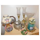 CANDLE HOLDERS, CANDLES, TEA POT ETC.