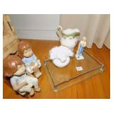 DRESSER TRAY, DOLLS, MILK GLASS BOWL, WATER