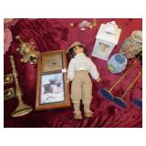 WALL CLOCK, DOLL, BRASS CANDLE STICKS ETC.