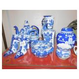 BLUE AND WHITE VASES, SHOES, TEAPOT, ETC. HAND