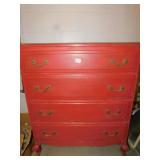 RED PAINTED DRESSER ON WHEELS, 45" H X 38" W X