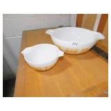 2 MATCHING PYREX BOWLS, WHITE WITH YELLOW DESIGNS