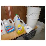 5 GALLON BUCKETS, MOP HEADS, CLEANERS MOST HALF